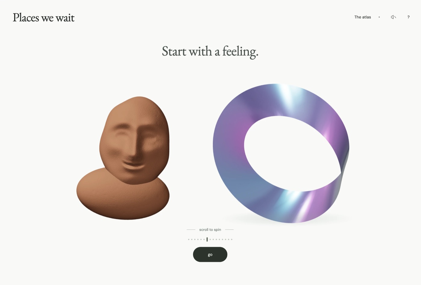 The start screen: Start with a feeling, with the clay face beside an iridescent Möbius strip.