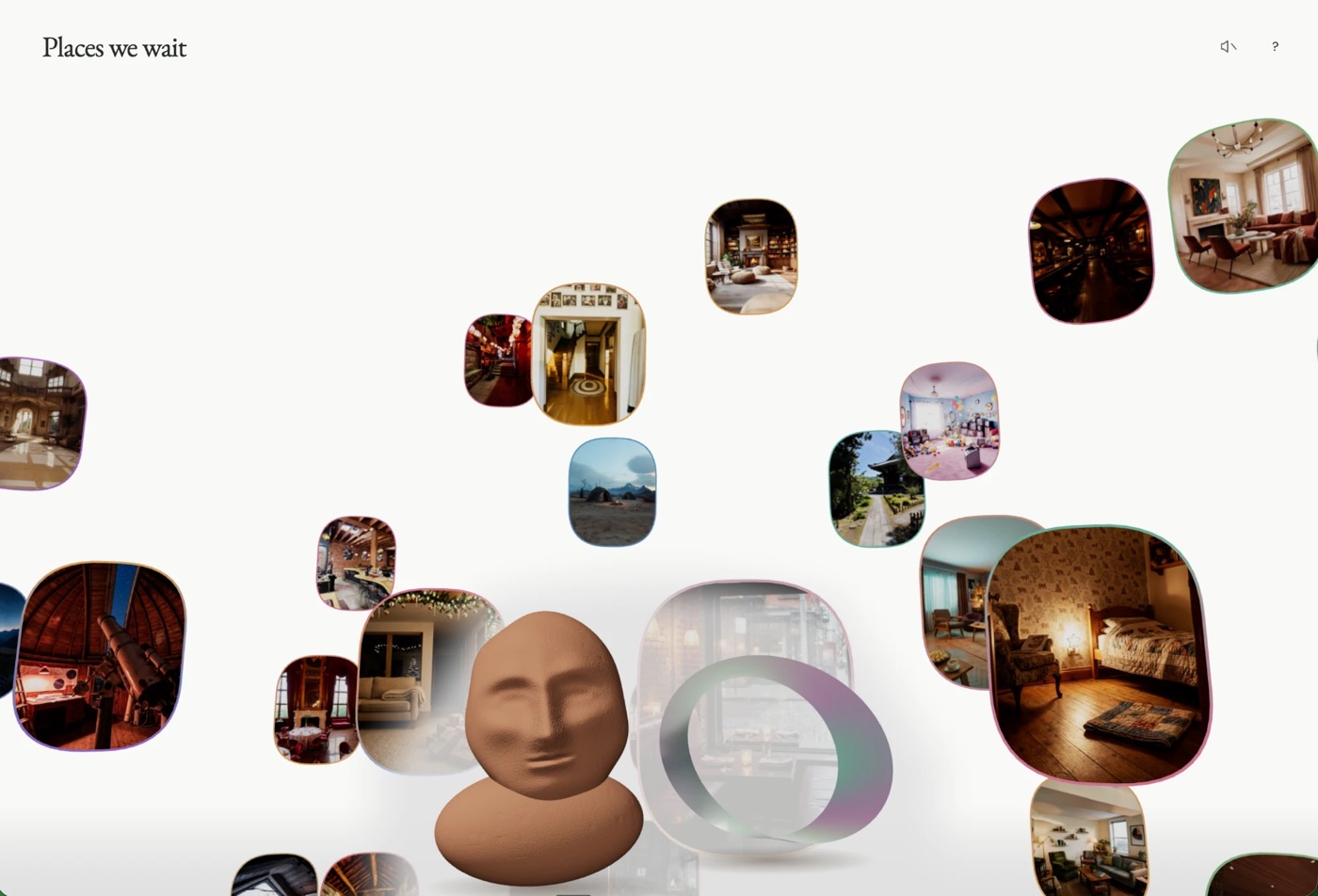 The Places we wait atlas: rounded windows onto waiting places floating around the clay face and Möbius strip.