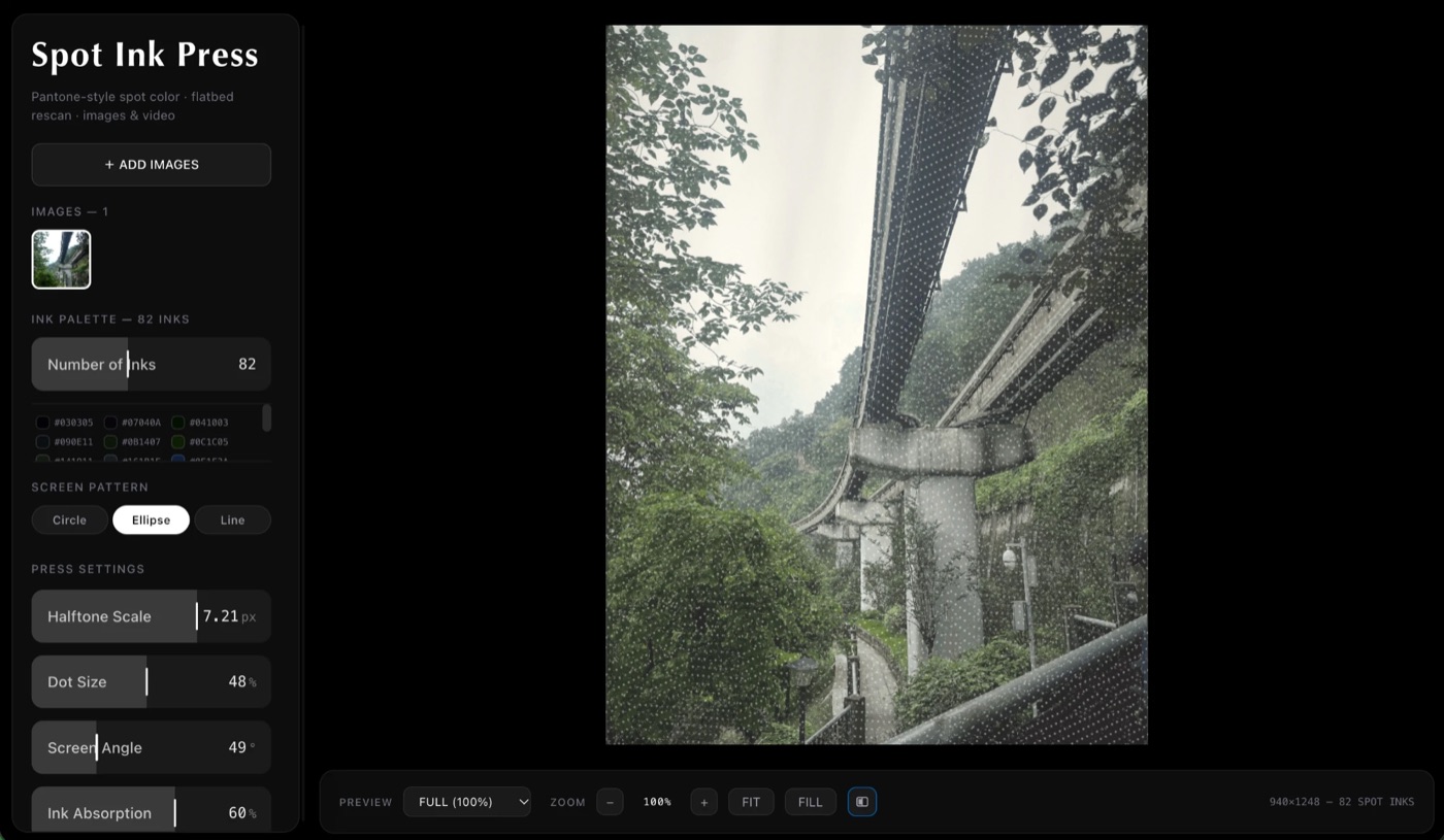 The Spot Ink Press editor printing a photo of an elevated railway through 82 spot inks.