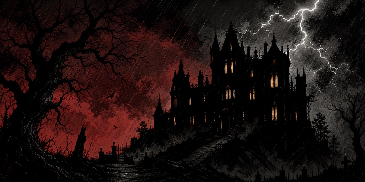A gothic mansion at night, one of the settings in whodunnit.tv.